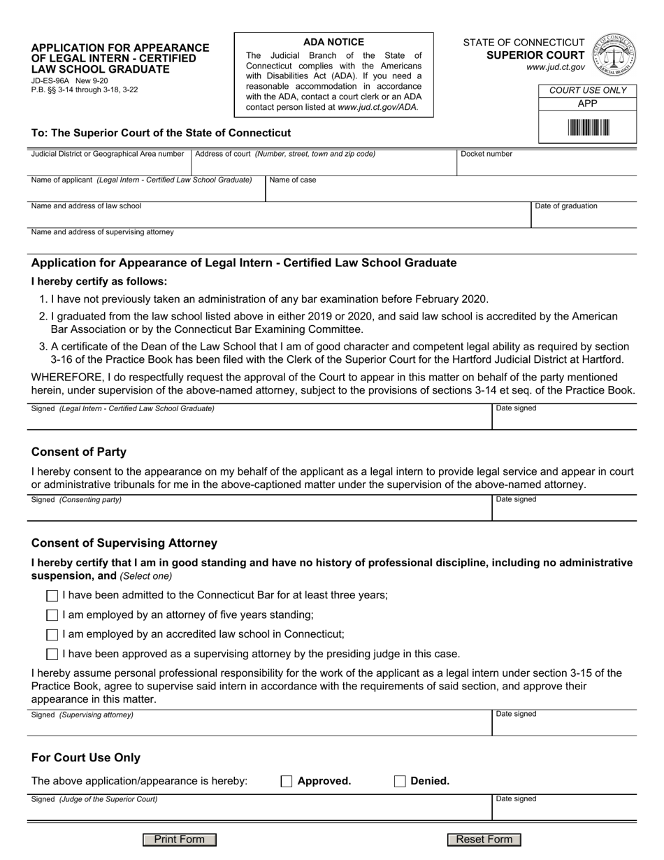 Form JD-ES-96A Application for Appearance of Legal Intern - Certified Law School Graduate - Connecticut, Page 1