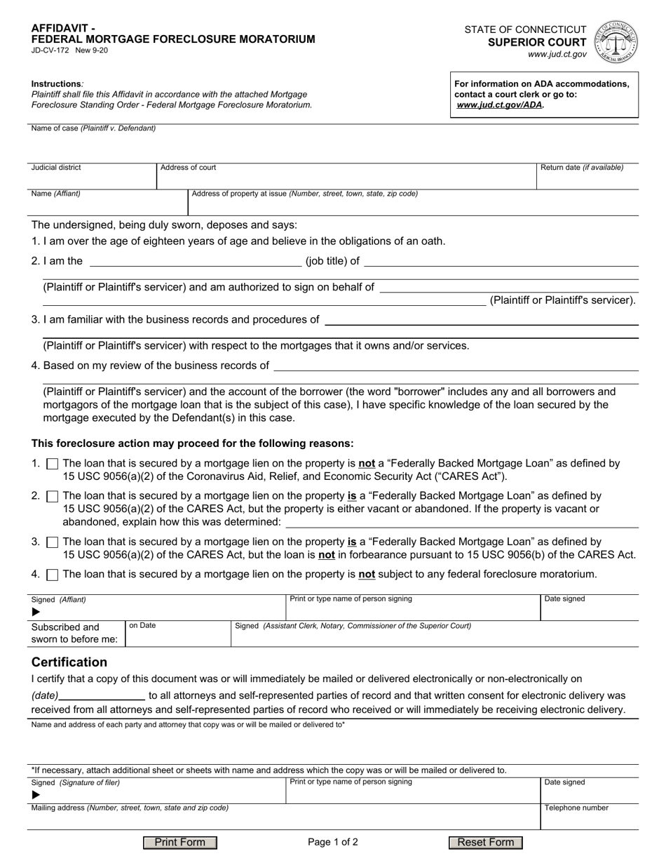 Form JD-CV-172 Affidavit - Federal Mortgage Foreclosure Moratorium - Connecticut, Page 1