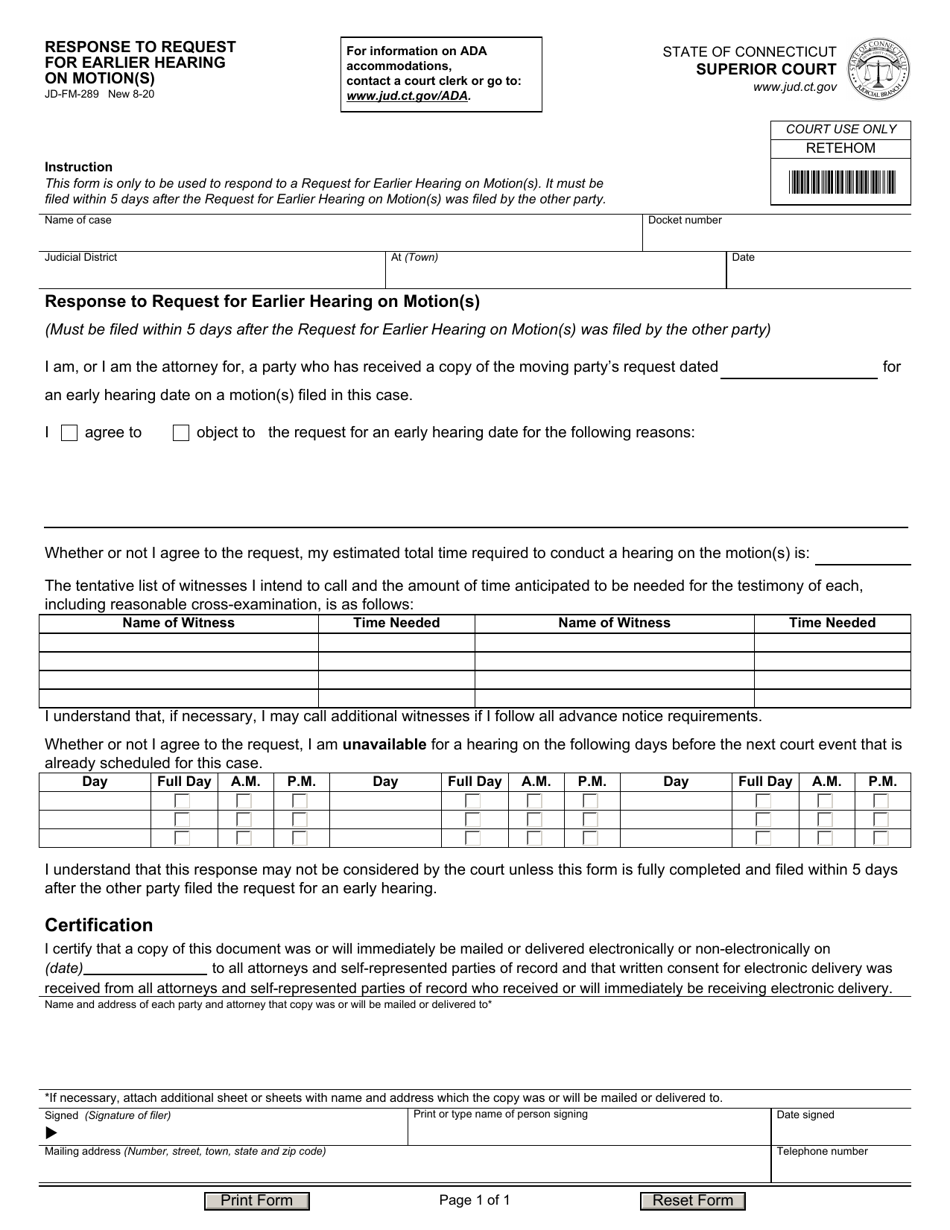 Form JD-FM-289 Response to Request for Earlier Hearing on Motion(S) - Connecticut, Page 1
