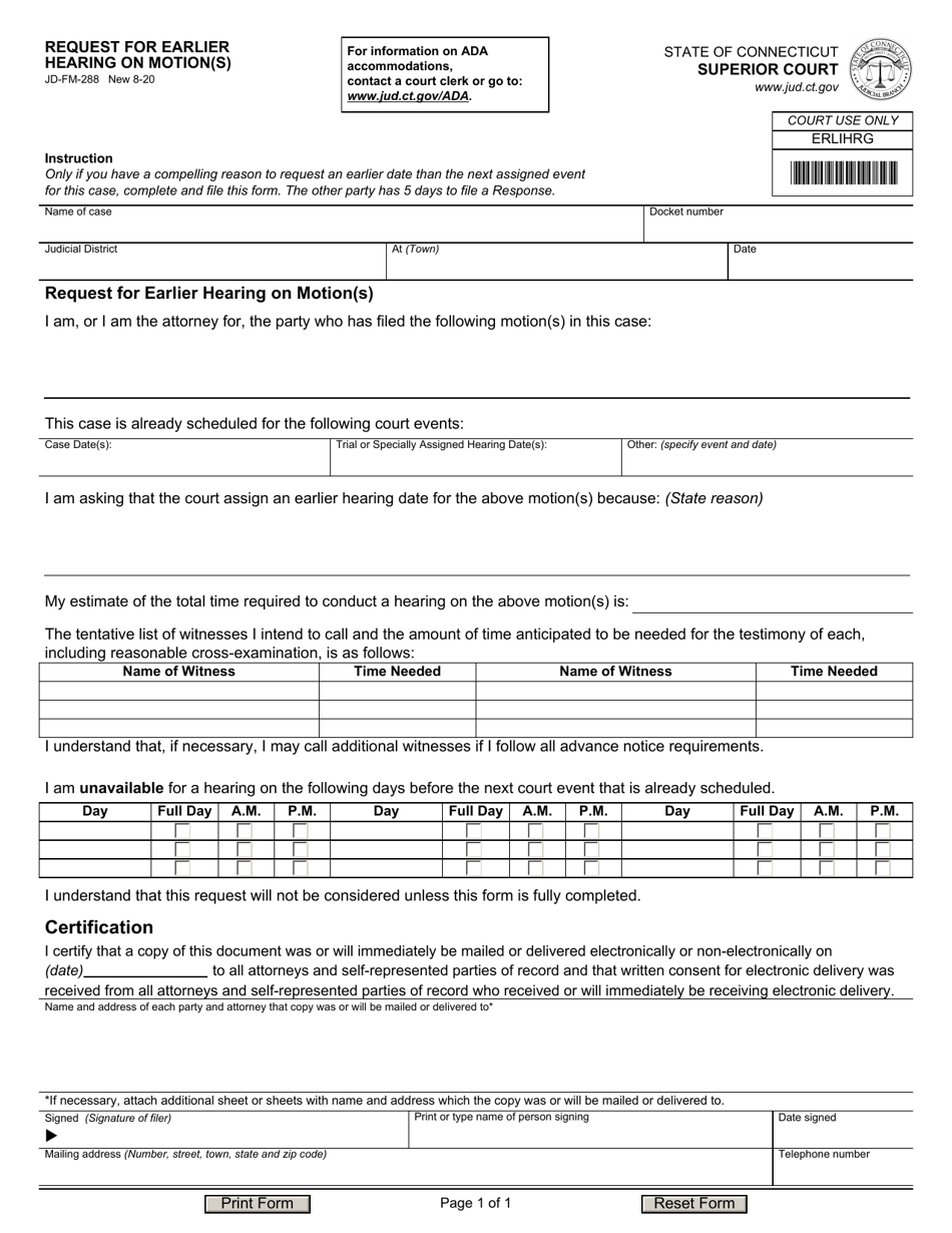 Form JD-FM-288 Request for Earlier Hearing on Motion(S) - Connecticut, Page 1