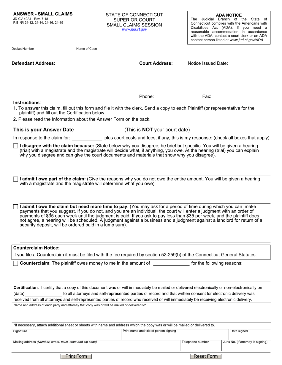 Form JD-CV-40A1 Answer - Small Claims - Connecticut, Page 1