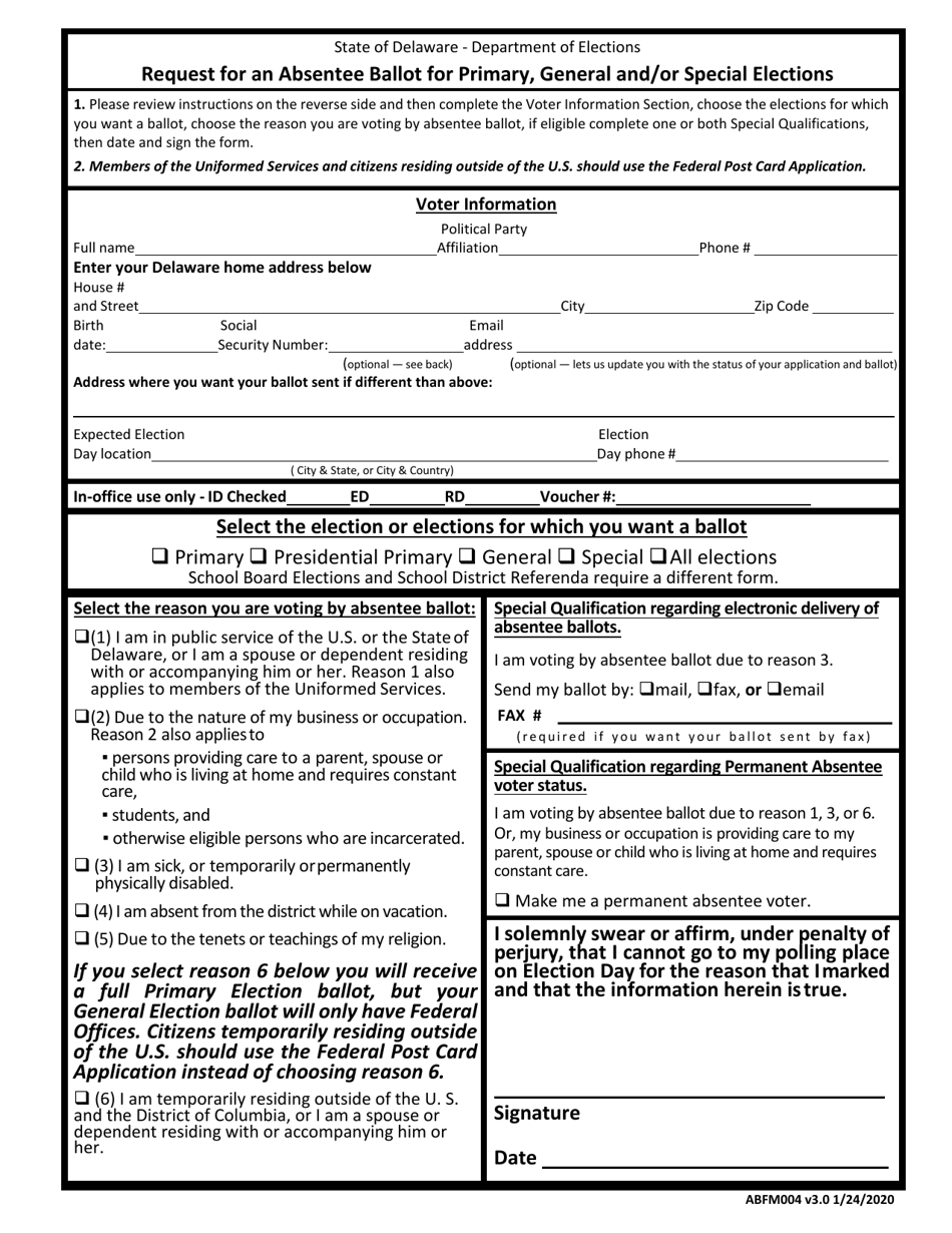 Form ABFM0004 Request for an Absentee Ballot for Primary, General and / or Special Elections - Delaware, Page 1