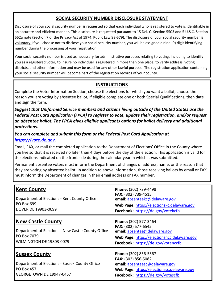 Form ABFM0004 Request for an Absentee Ballot for Primary, General and / or Special Elections - Delaware, Page 2