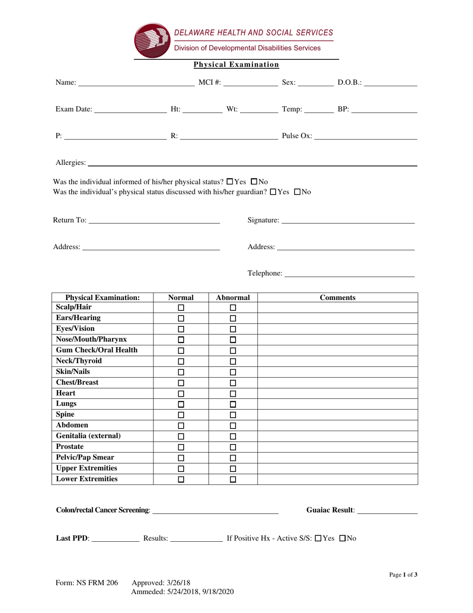 Form NS FRM206 Physical Examination - Delaware, Page 1