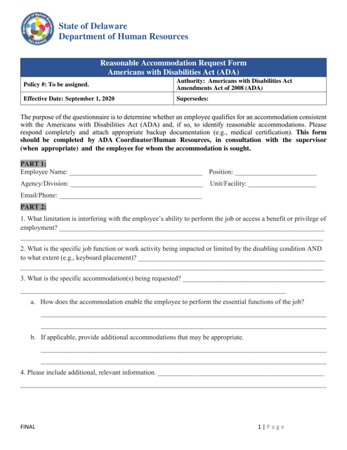 Ada Reasonable Accommodation Request Form - Delaware Download Pdf