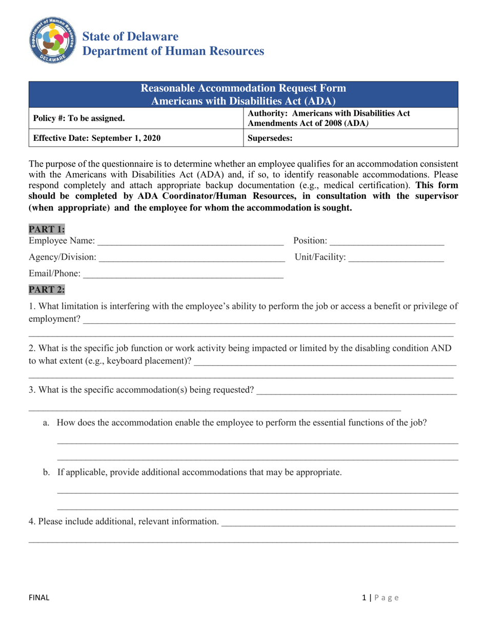 Delaware Ada Reasonable Accommodation Request Form Download Fillable 