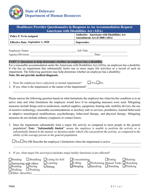 Ada Healthcare Provider Questionnaire in Response to an Accommodation Request - Delaware Download Pdf
