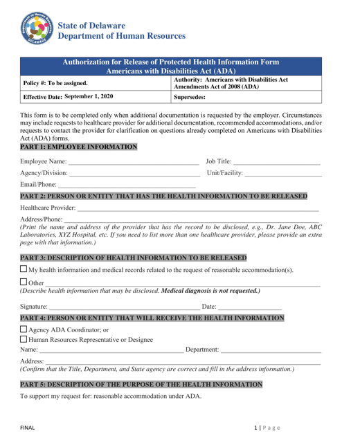 Ada Authorization for Release of Protected Health Information Form - Delaware Download Pdf