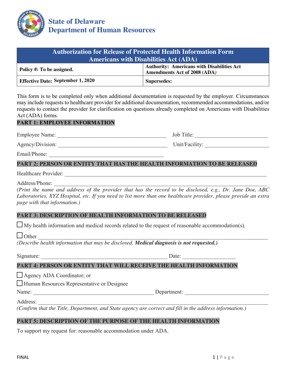 Ada Authorization for Release of Protected Health Information Form - Delaware, Page 1