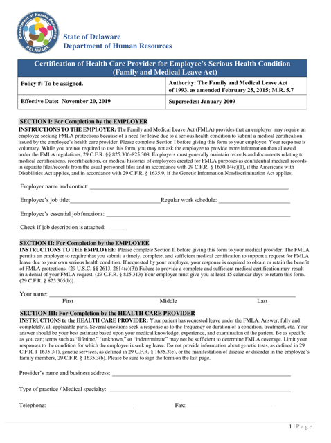 Fmla Certification of Health Care Provider for Employee's Serious Health Condition - Delaware Download Pdf