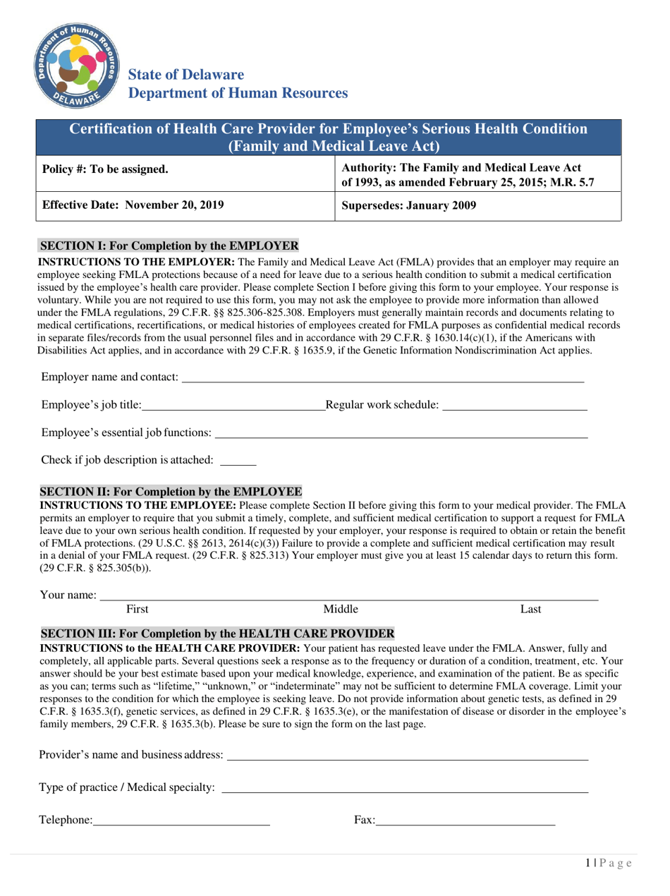 Fmla Certification of Health Care Provider for Employees Serious Health Condition - Delaware, Page 1