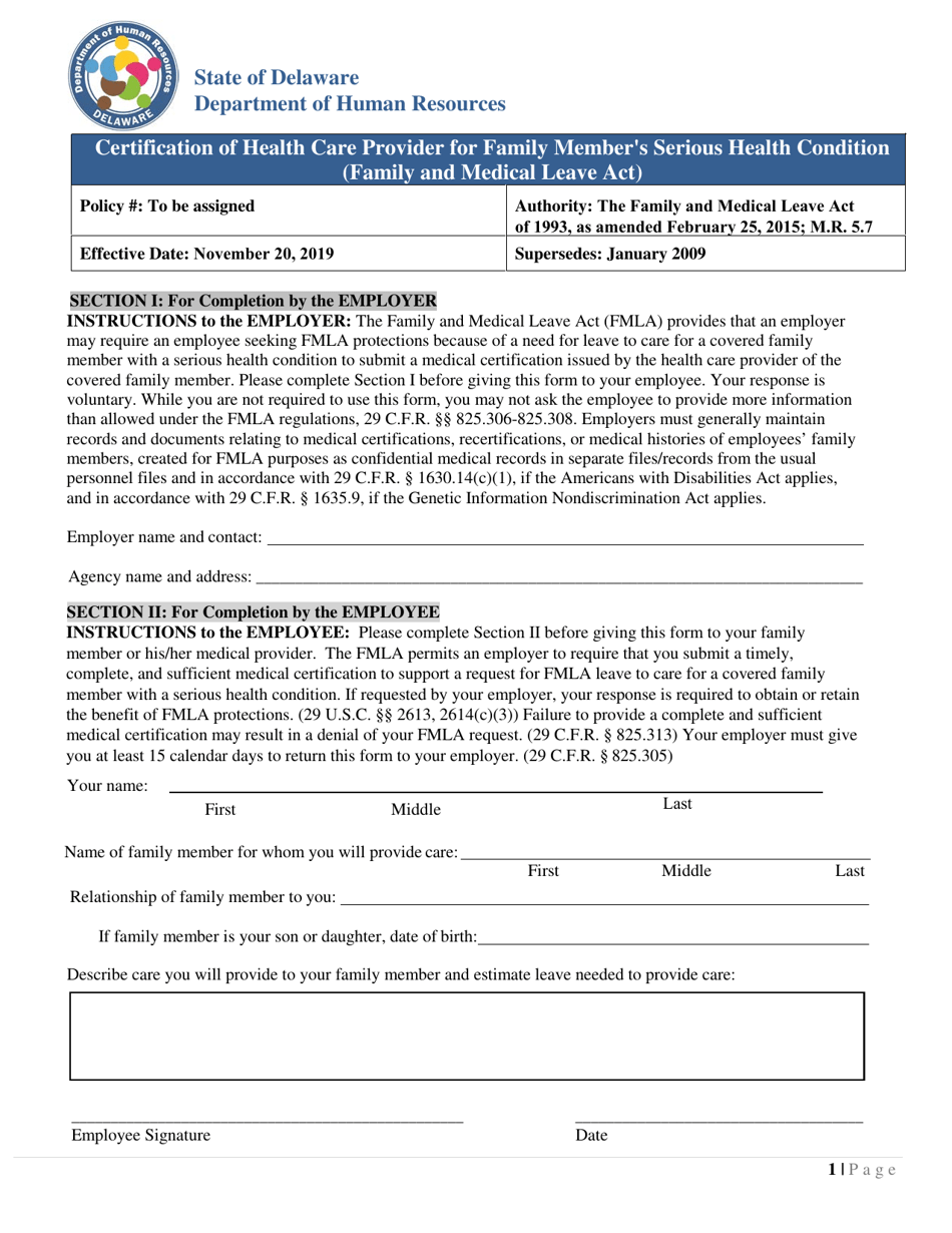 Certification of Health Care Provider for Family Members Serious Health Condition (Family and Medical Leave Act) - Delaware, Page 1