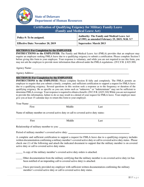 "Certification of Qualifying Exigency for Military Family Leave (Family and Medical Leave Act)" - Delaware Download Pdf