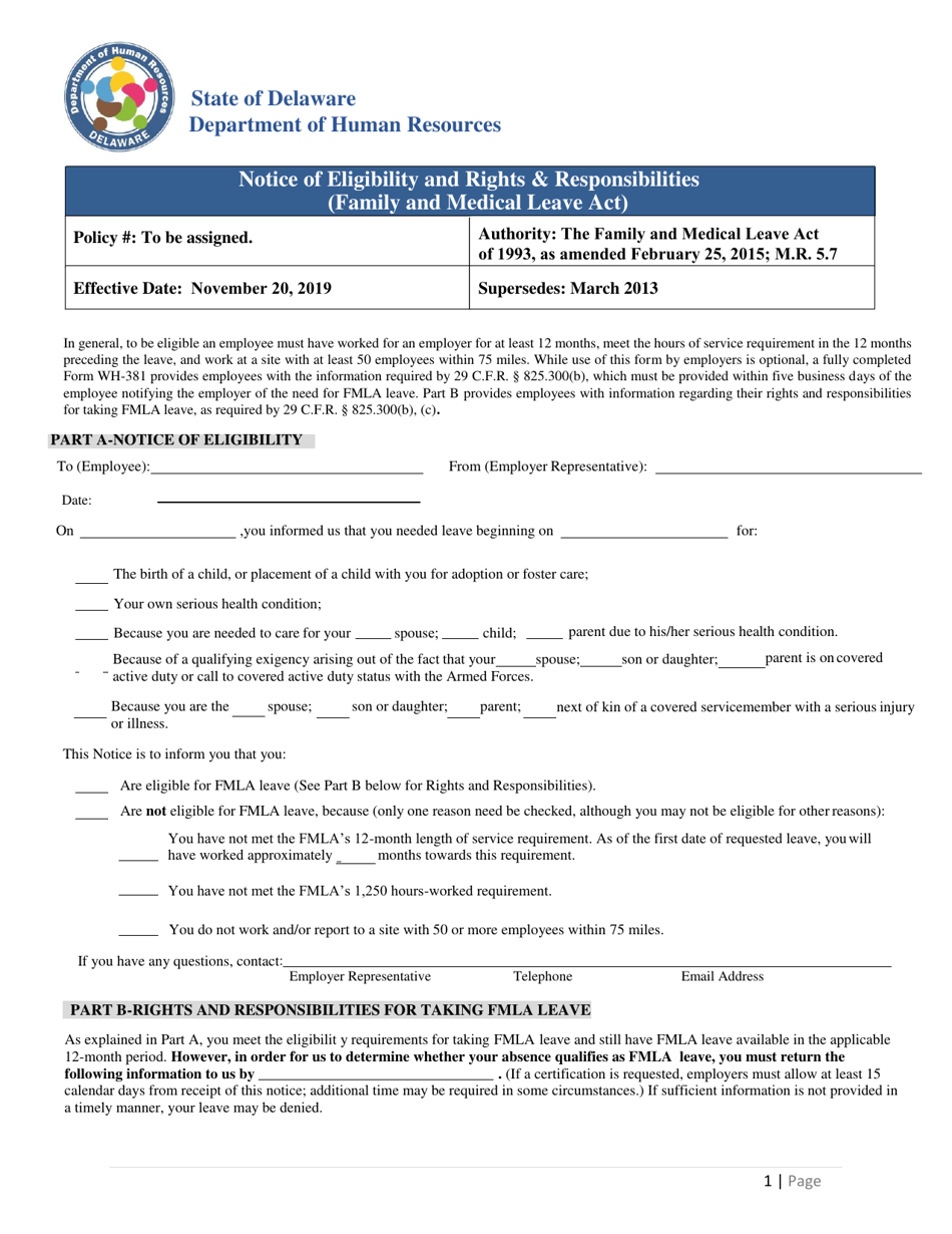 Notice of Eligibility and Rights  Responsibilities (Family and Medical Leave Act) - Delaware, Page 1