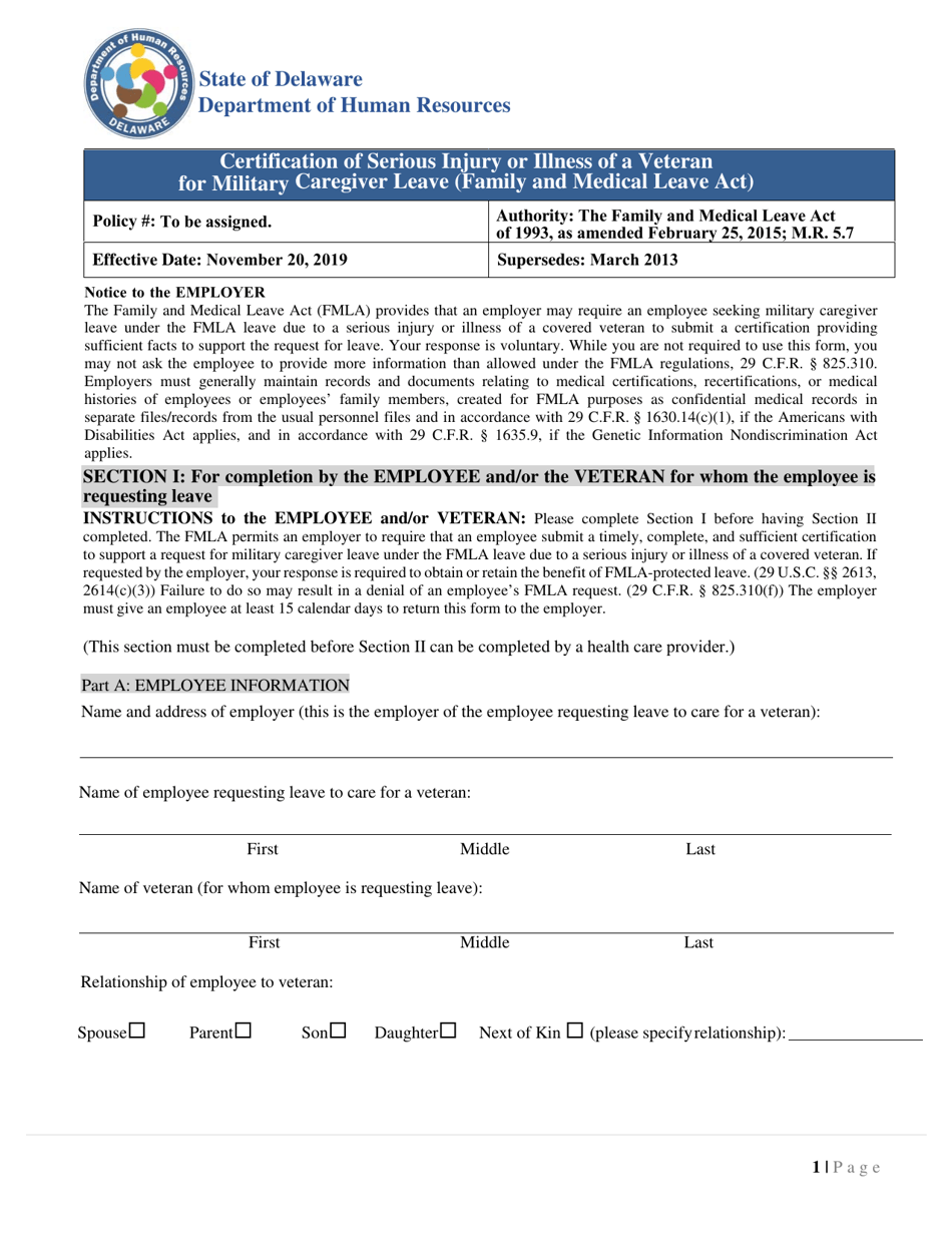 Certification of Serious Injury or Illness of a Veteran for Military Caregiver Leave (Family and Medical Leave Act) - Delaware, Page 1