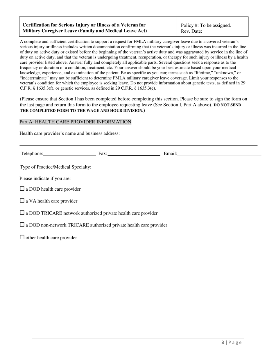 Certification of Serious Injury or Illness of a Veteran for Military Caregiver Leave (Family and Medical Leave Act) - Delaware, Page 3