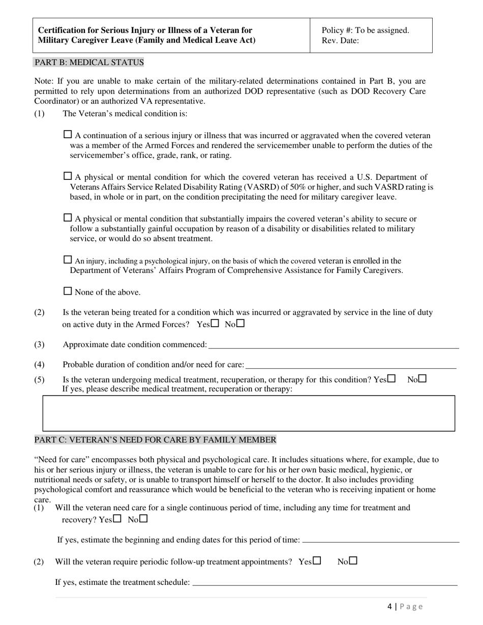 Certification of Serious Injury or Illness of a Veteran for Military Caregiver Leave (Family and Medical Leave Act) - Delaware, Page 4