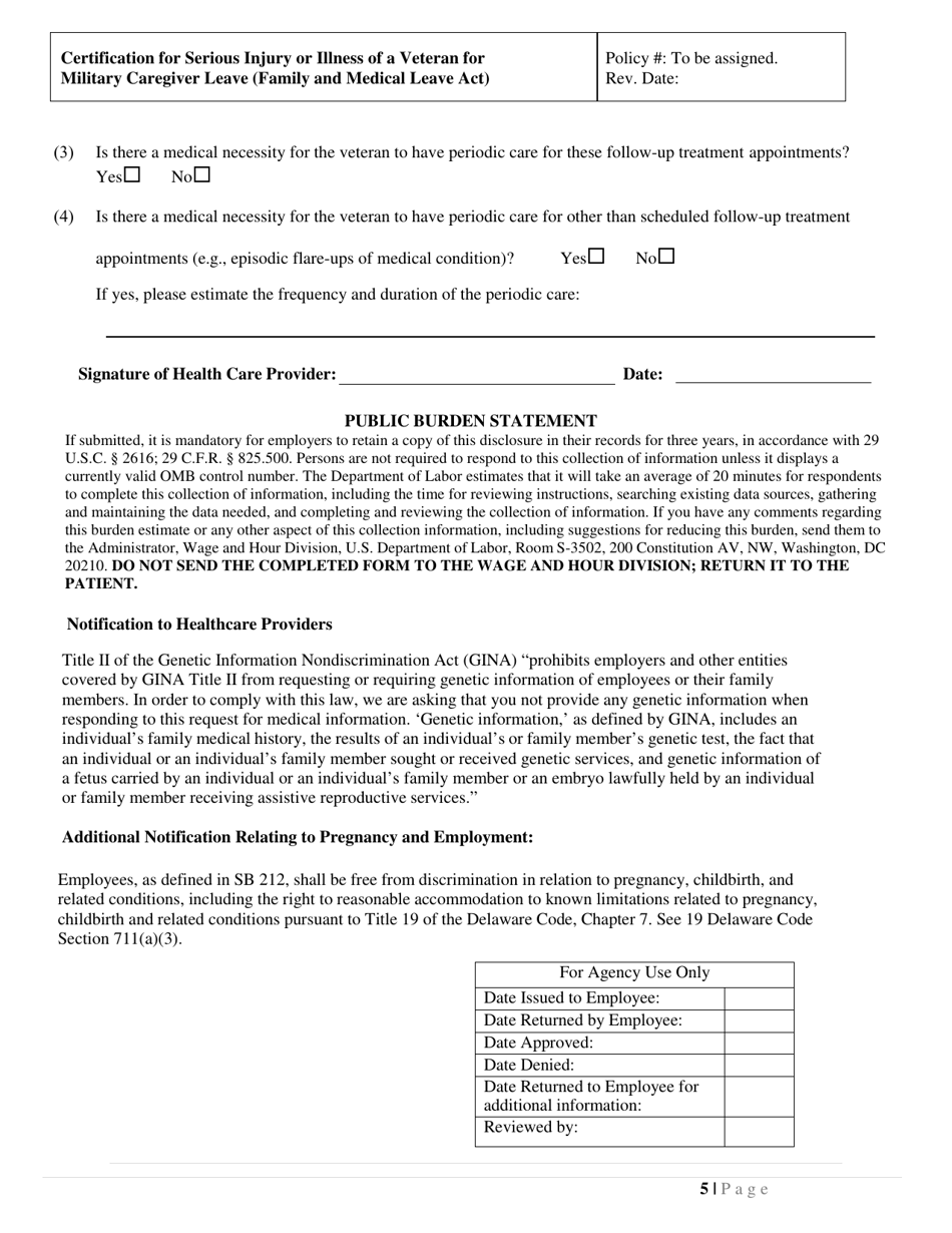 Delaware Certification of Serious Injury or Illness of a Veteran for ...