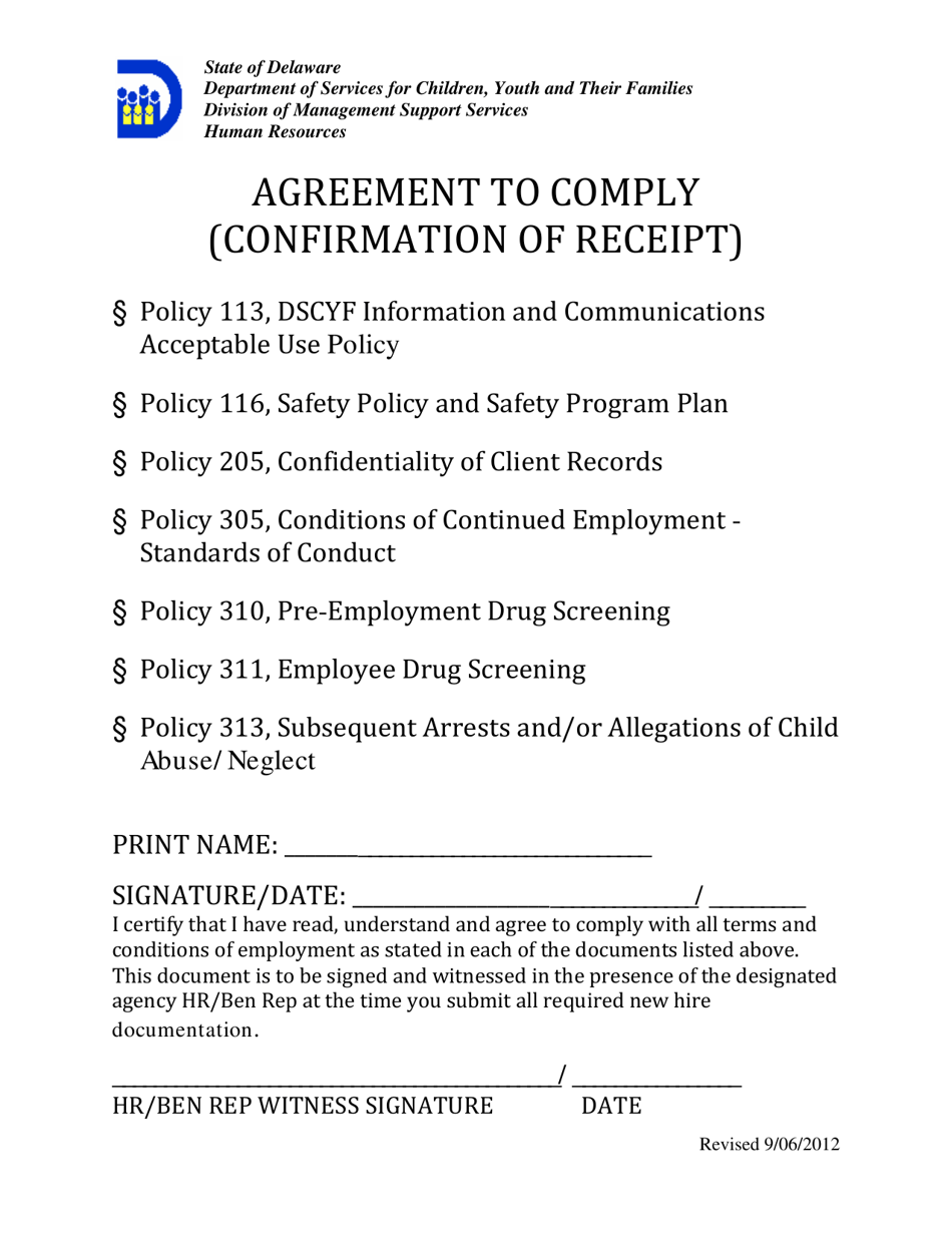 Agreement to Comply (Confirmation of Receipt) - Delaware, Page 1
