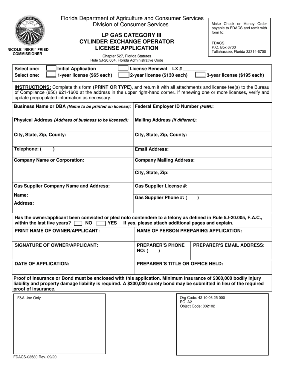 Form FDACS-03580 Lp Gas Category Iii Cylinder Exchange Operator License Application - Florida, Page 1