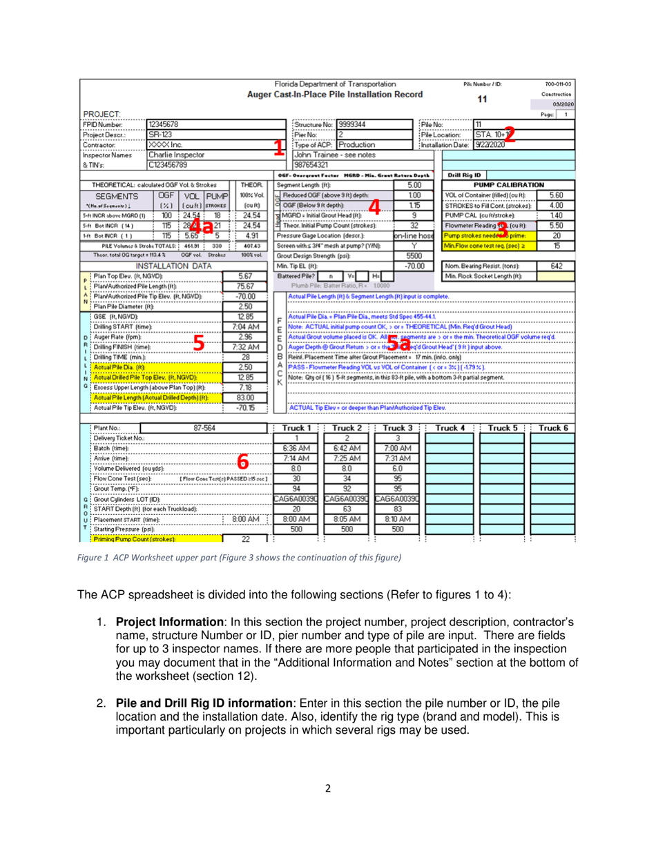 Instructions for Form 700-011-03 Auger Cast-In-place Pile Installation Record - Florida, Page 2
