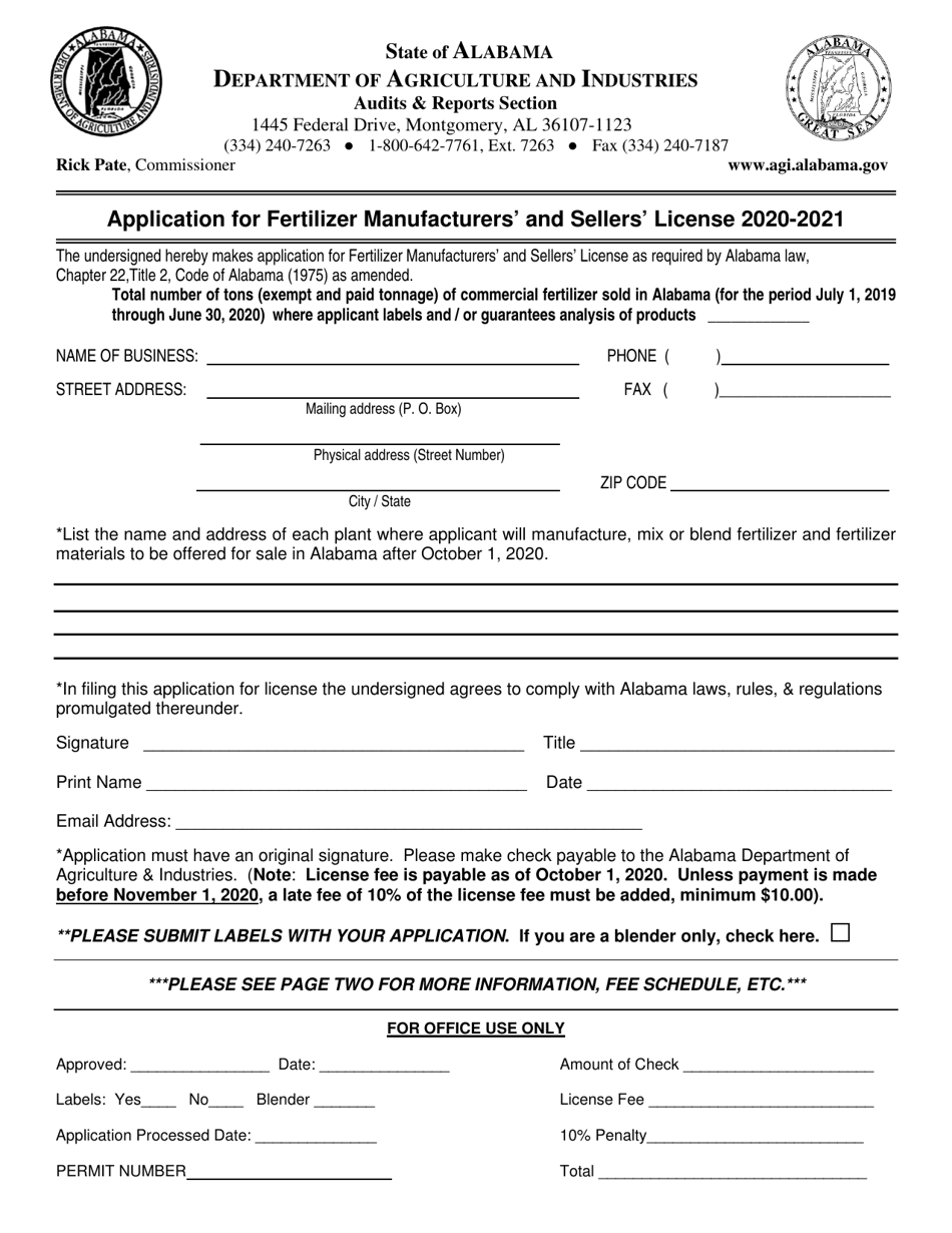 Application for Fertilizer Manufacturers and Sellers License - Alabama, Page 1