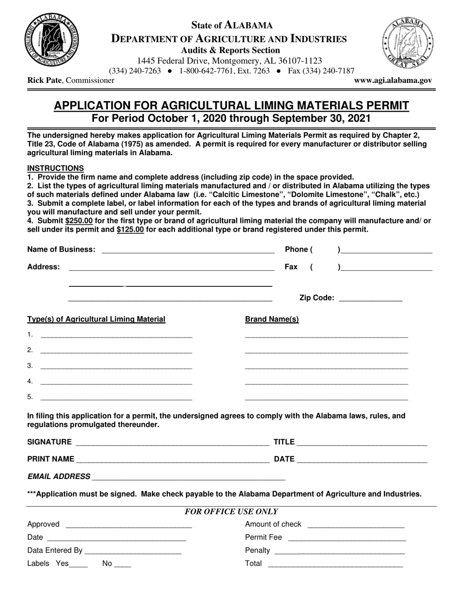 Application for Agricultural Liming Materials Permit - Alabama, Page 1