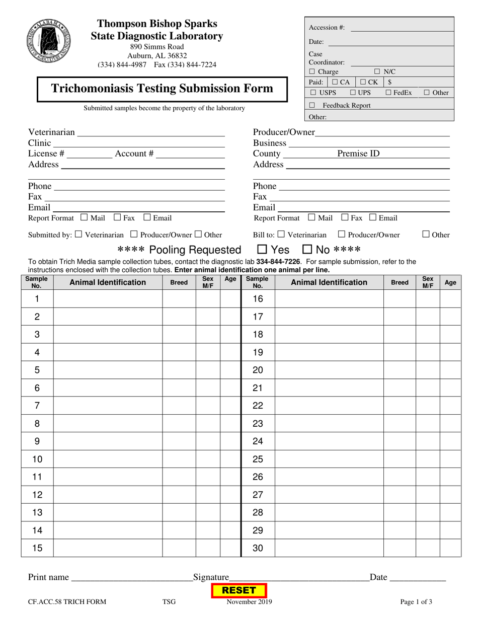 Form CF.ACC.58 Trichomoniasis Testing Submission Form - Alabama, Page 1