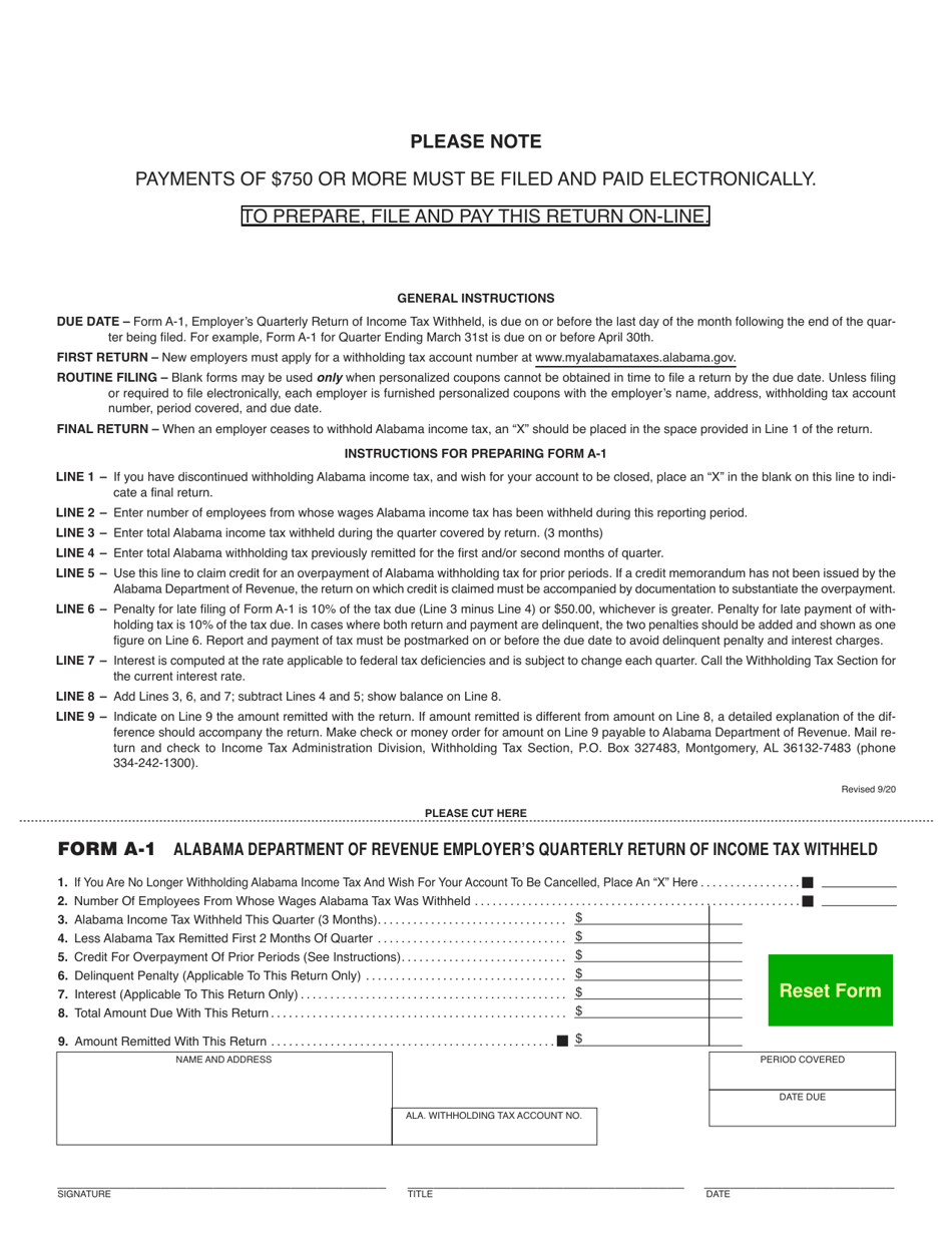 Form A-1 Employers Quarterly Return of Income Tax Withheld - Alabama, Page 1