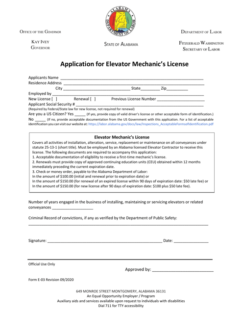 Form E-03 Application for Elevator Mechanic's License - Alabama