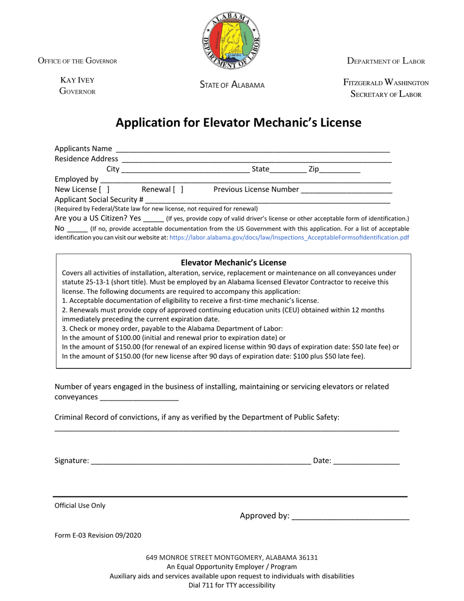 Form E-03 Application for Elevator Mechanics License - Alabama, Page 1