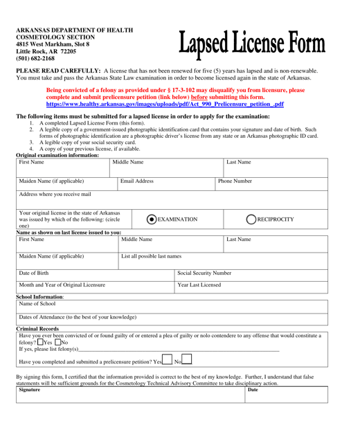 Lapsed License Form - Arkansas Download Pdf