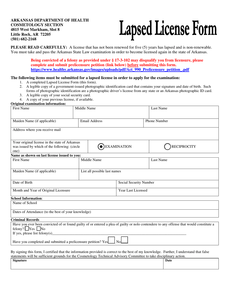 Lapsed License Form - Arkansas, Page 1