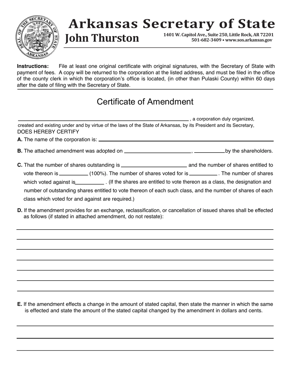 Form DO-01 Certificate of Amendment - Arkansas, Page 1