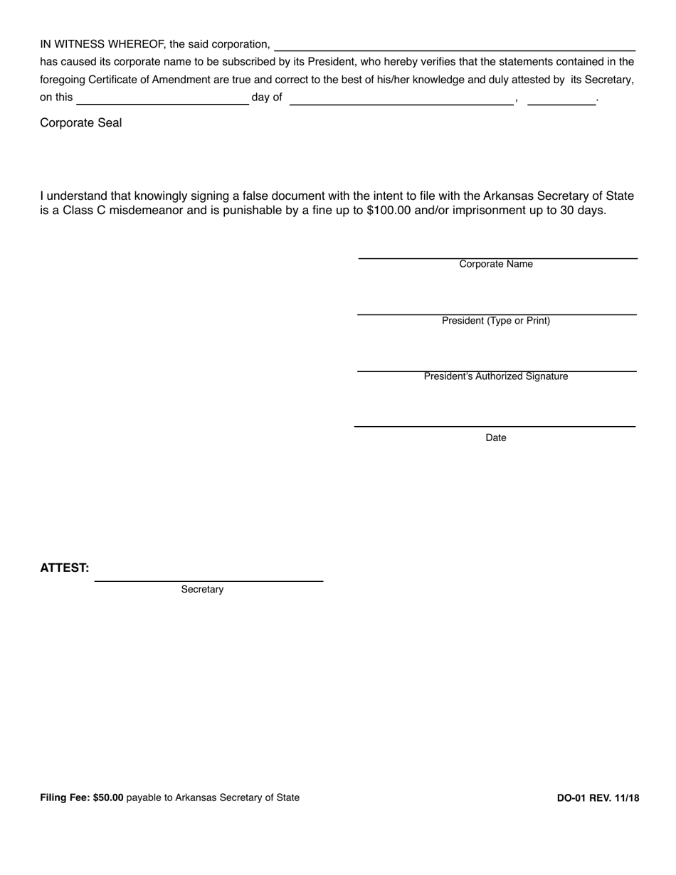 Form DO-01 Certificate of Amendment - Arkansas, Page 2