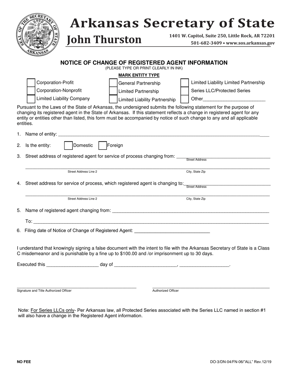 Form DO-3 / DN-04 / FN-06 / ALL Notice of Change of Registered Agent Information - Arkansas, Page 1