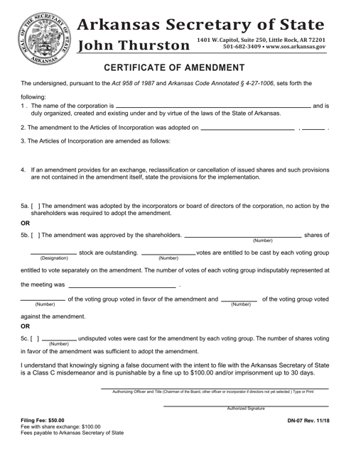 Form DN-07 Certificate of Amendment - Arkansas