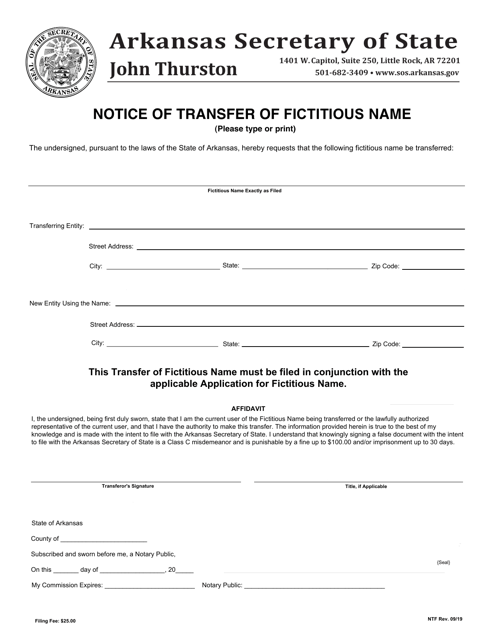 Form NTF Notice of Transfer of Fictitious Name - Arkansas