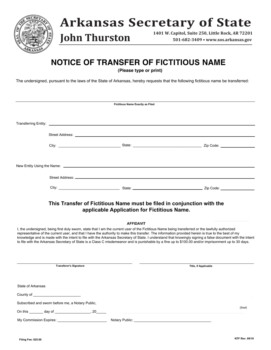 Form NTF Notice of Transfer of Fictitious Name - Arkansas, Page 1