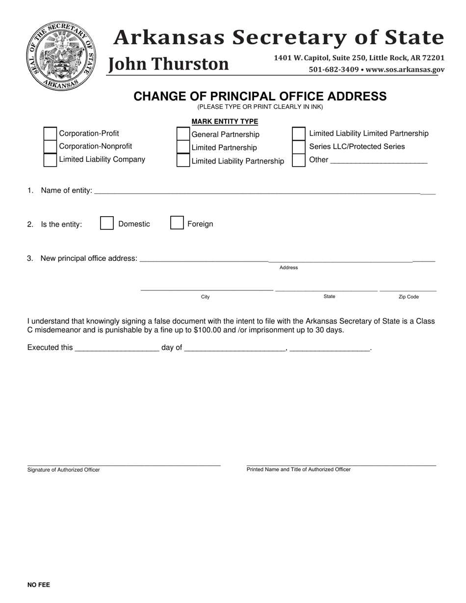 Change of Principal Office Address - Arkansas, Page 1