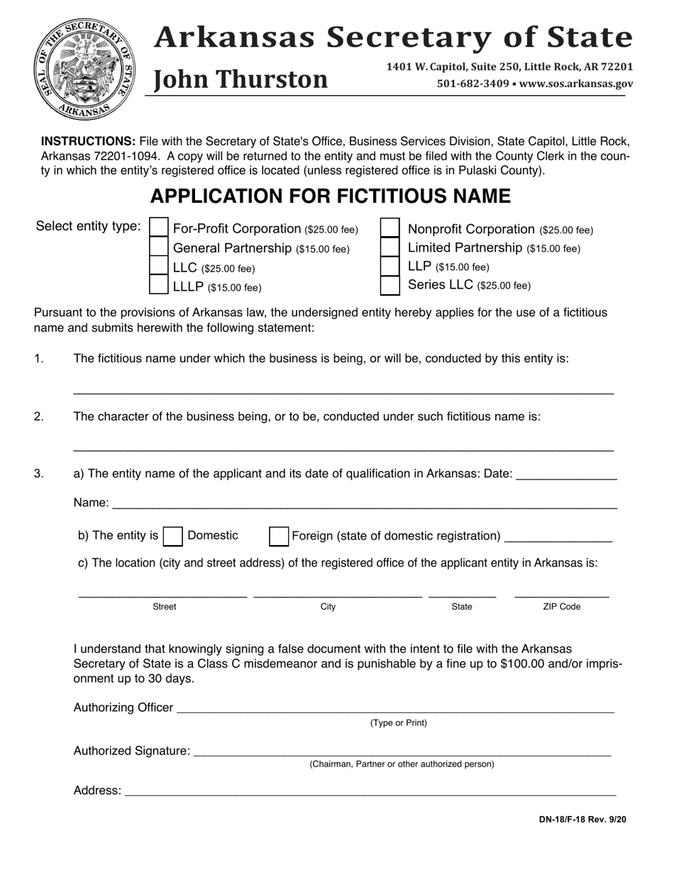 Form DN-18 / F-18 Application for Fictitious Name - Arkansas, Page 1