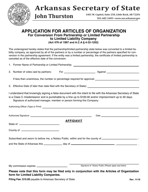 Application for Articles of Organization for Conversion From Partnership or Limited Partnership to Limited Liability Company - Arkansas