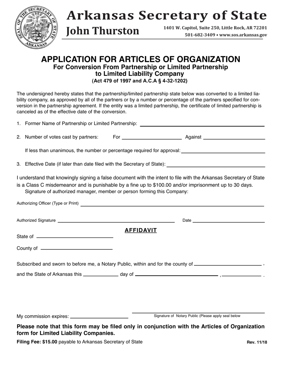 Application for Articles of Organization for Conversion From Partnership or Limited Partnership to Limited Liability Company - Arkansas, Page 1