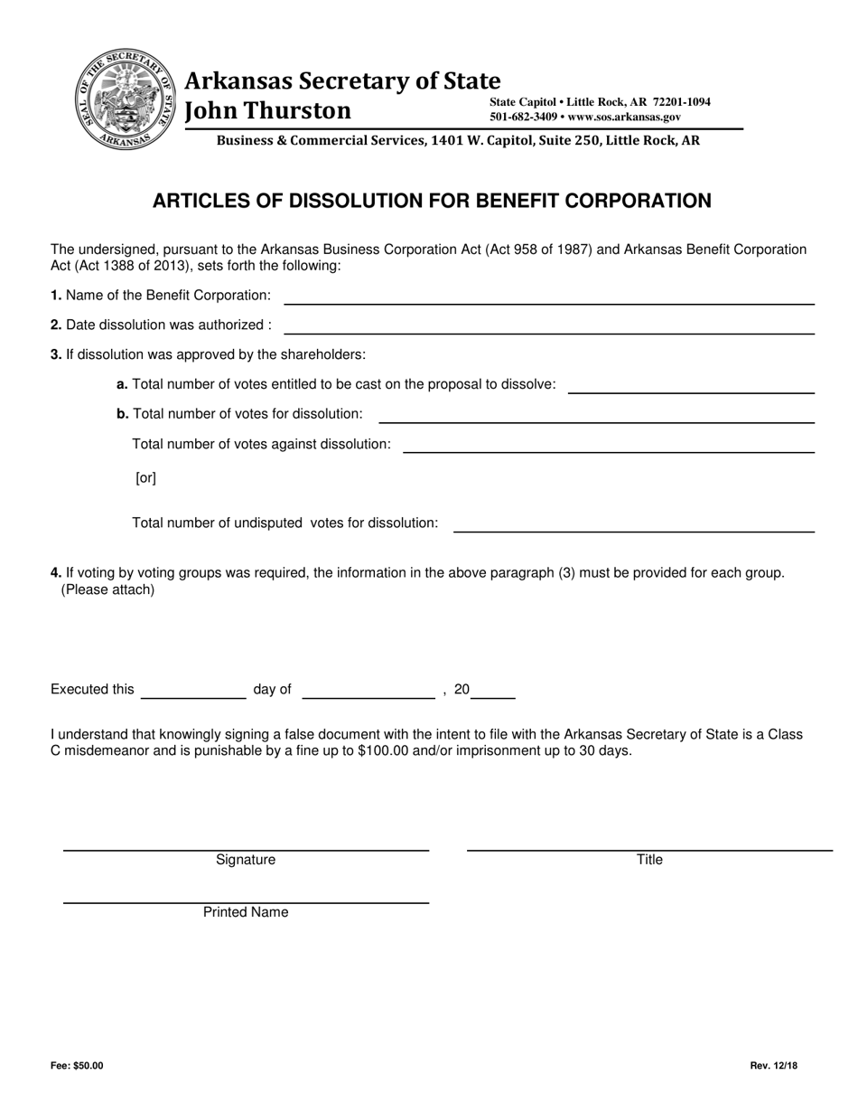 Articles of Dissolution for Benefit Corporation - Arkansas, Page 1