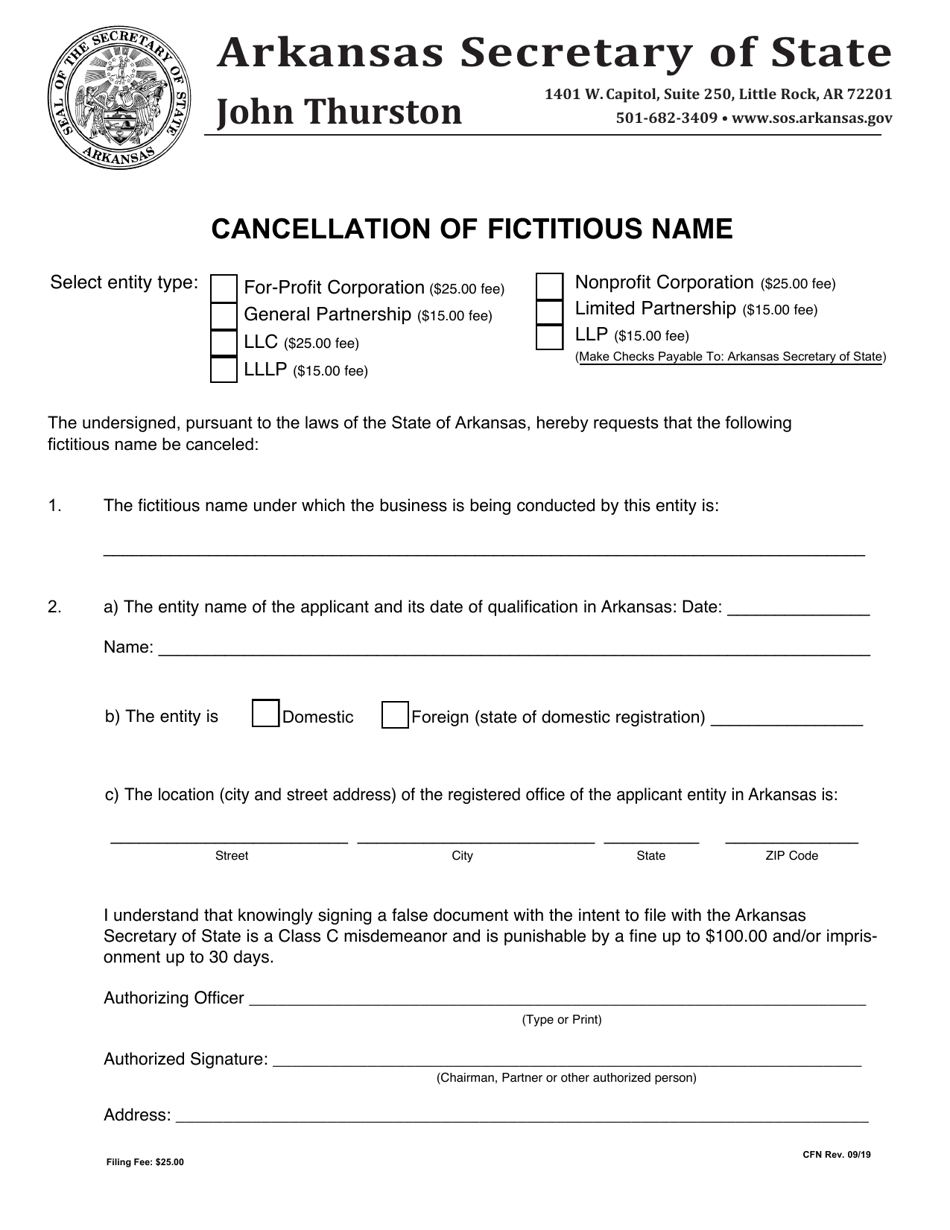 Cancellation of Fictitious Name - Arkansas, Page 1