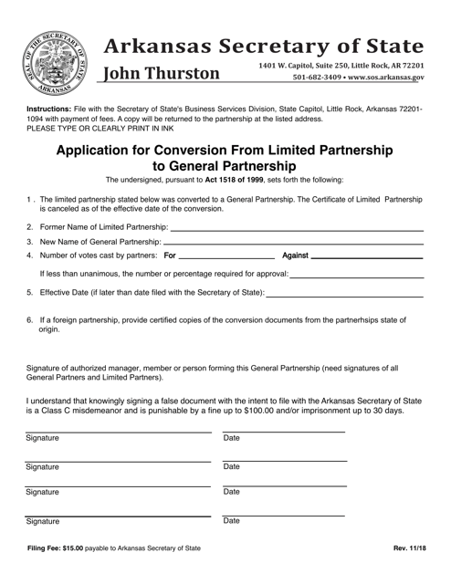 Application for Conversion From Limited Partnership to General Partnership - Arkansas