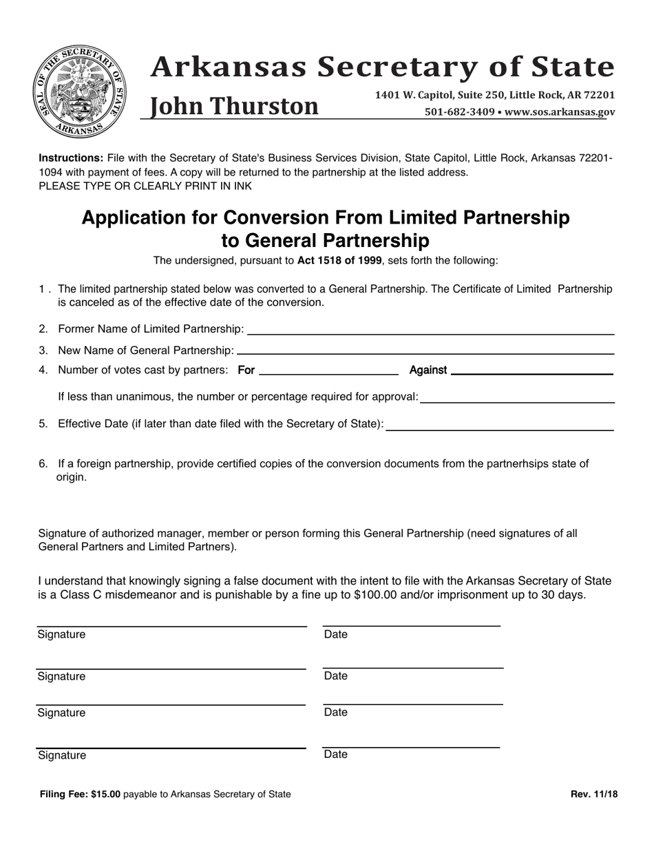 Application for Conversion From Limited Partnership to General Partnership - Arkansas, Page 1