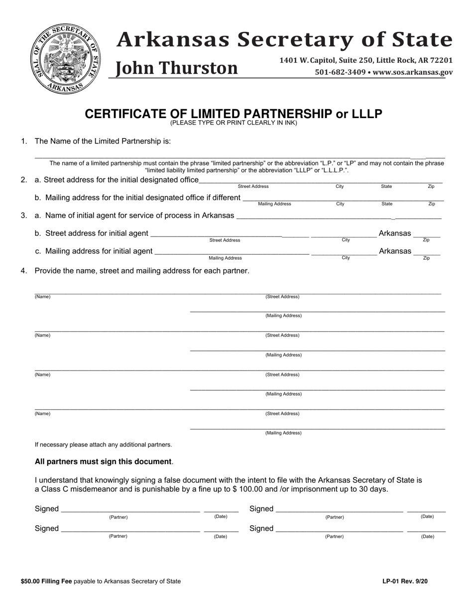 Form LP-01 Certificate of Limited Partnership or Lllp - Arkansas, Page 1