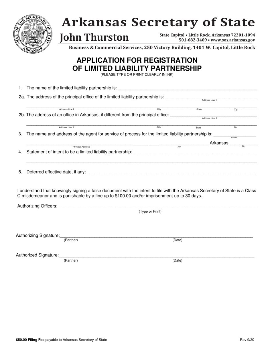 Application for Registration of Limited Liability Partnership - Arkansas, Page 1