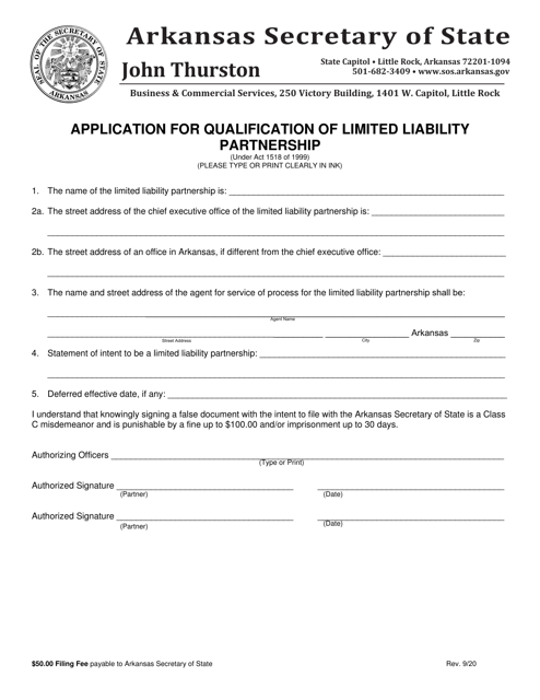Application for Qualification of Limited Liability Partnership - Arkansas